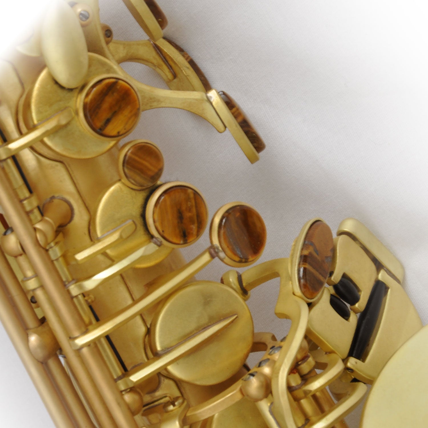 Close-up of Cannonball A4 alto saxophone keywork and pearl key touches