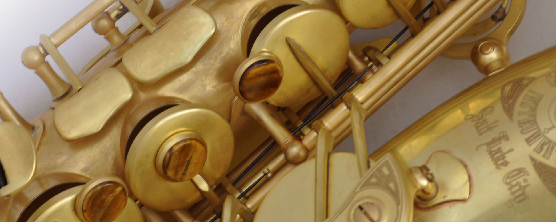 Detail of Cannonball A4 Mad Meg alto saxophone body, rods and key mechanism