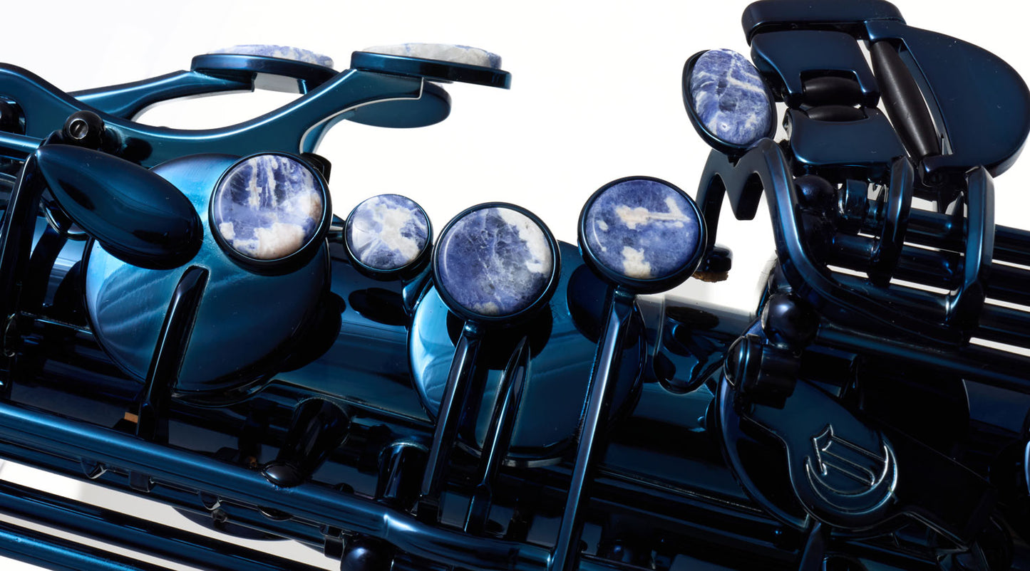 Close-up of Cannonball A5-30 keywork with Blue Sodalite semi-precious stone key touches