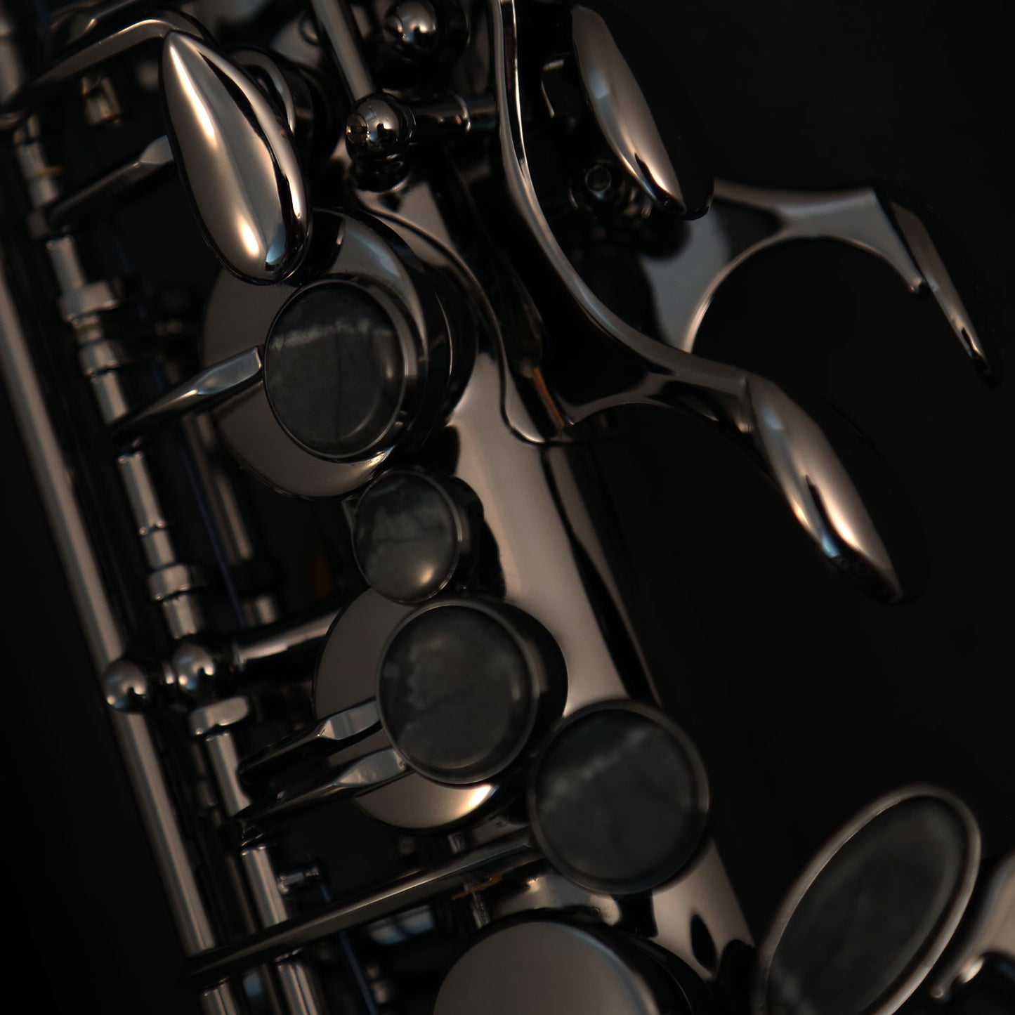 Close-up of Cannonball A5-B alto saxophone keywork and semi-precious stone key touches