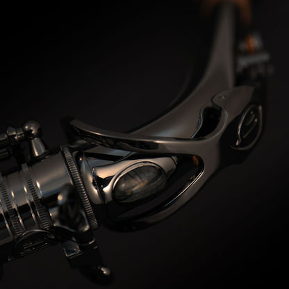 Detail of Cannonball A5-B black nickel alto saxophone upper body and octave mechanism