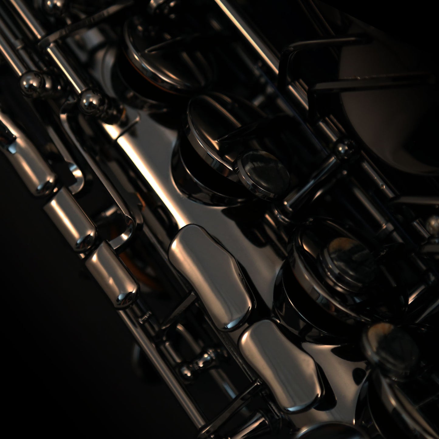 Close-up of Cannonball A5-B alto saxophone rods, keys and polished black nickel finish