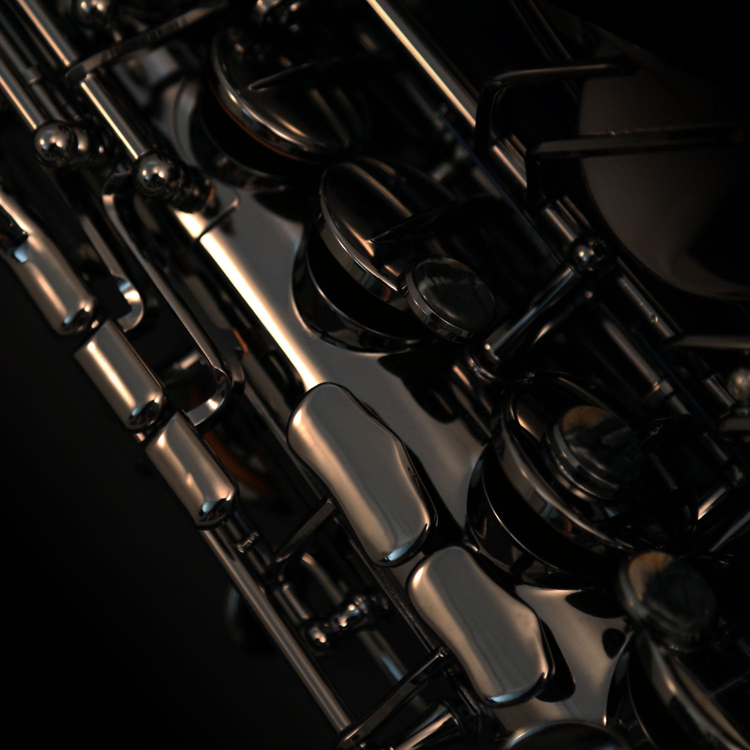 Close-up of Cannonball A5-B alto saxophone rods, keys and polished black nickel finish