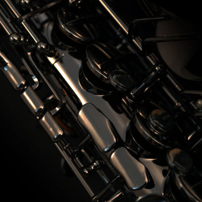 Close-up of Cannonball A5-B alto saxophone rods, keys and polished black nickel finish