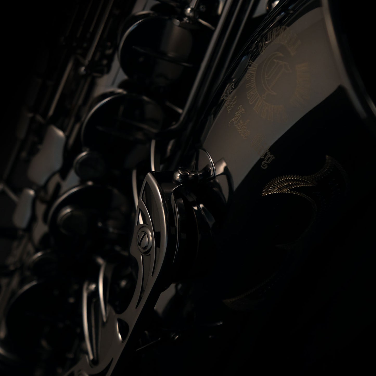 Detail of Cannonball A5-B alto saxophone lower keywork and bell mechanism