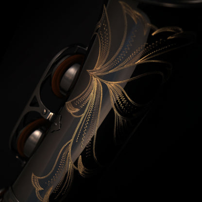Cannonball T4-B tenor saxophone hand engraving detail on polished black nickel