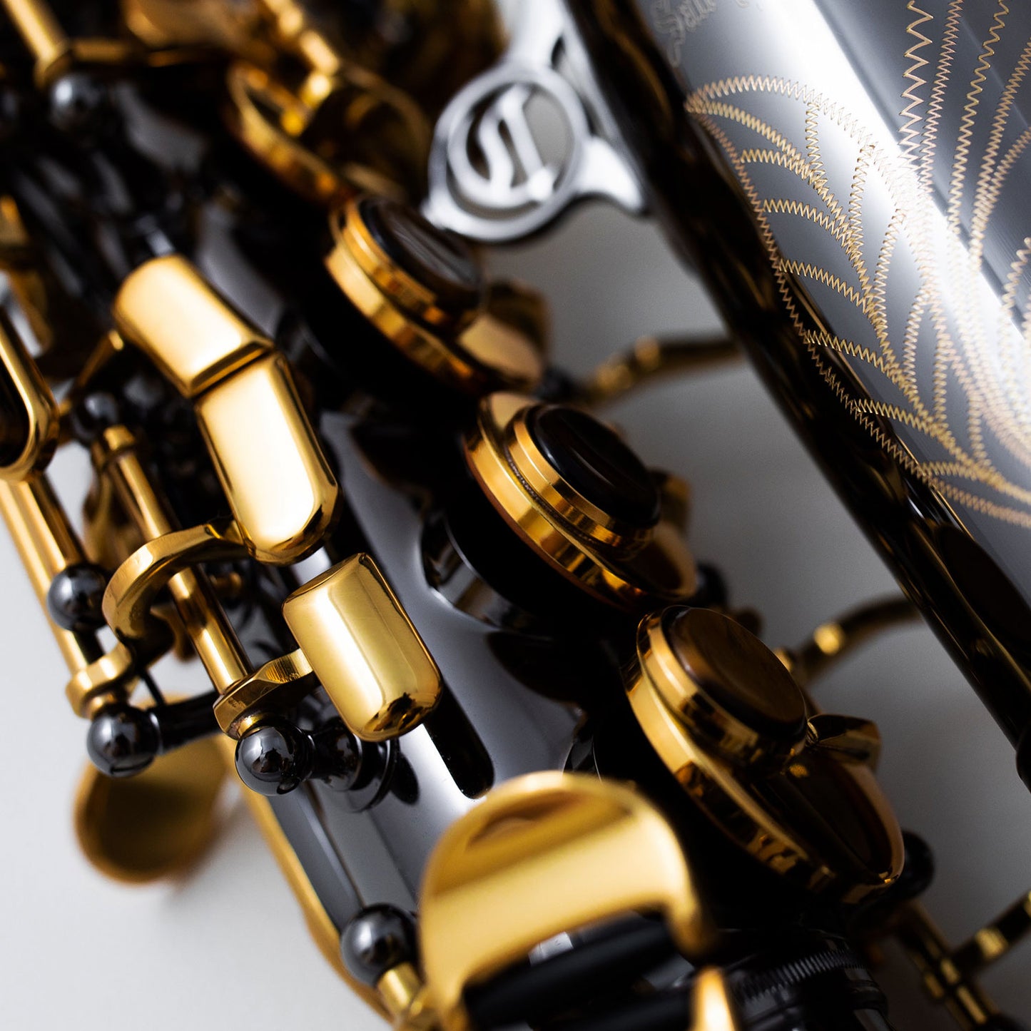 Close-up of Cannonball A5-BL upper keywork and semi-precious stone details