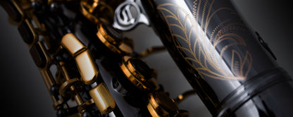 Detail of Cannonball A5-BL black nickel body and gold lacquer key mechanism