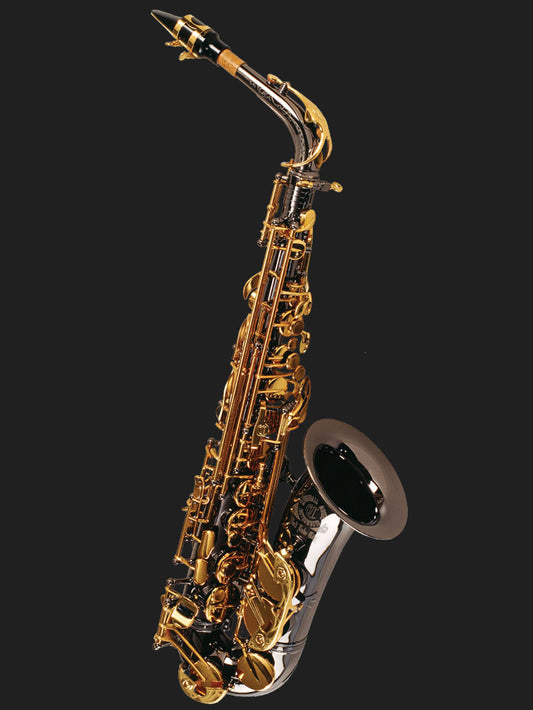 Cannonball A5-BL Big Bell Stone Series alto saxophone with black nickel body and gold lacquer keys