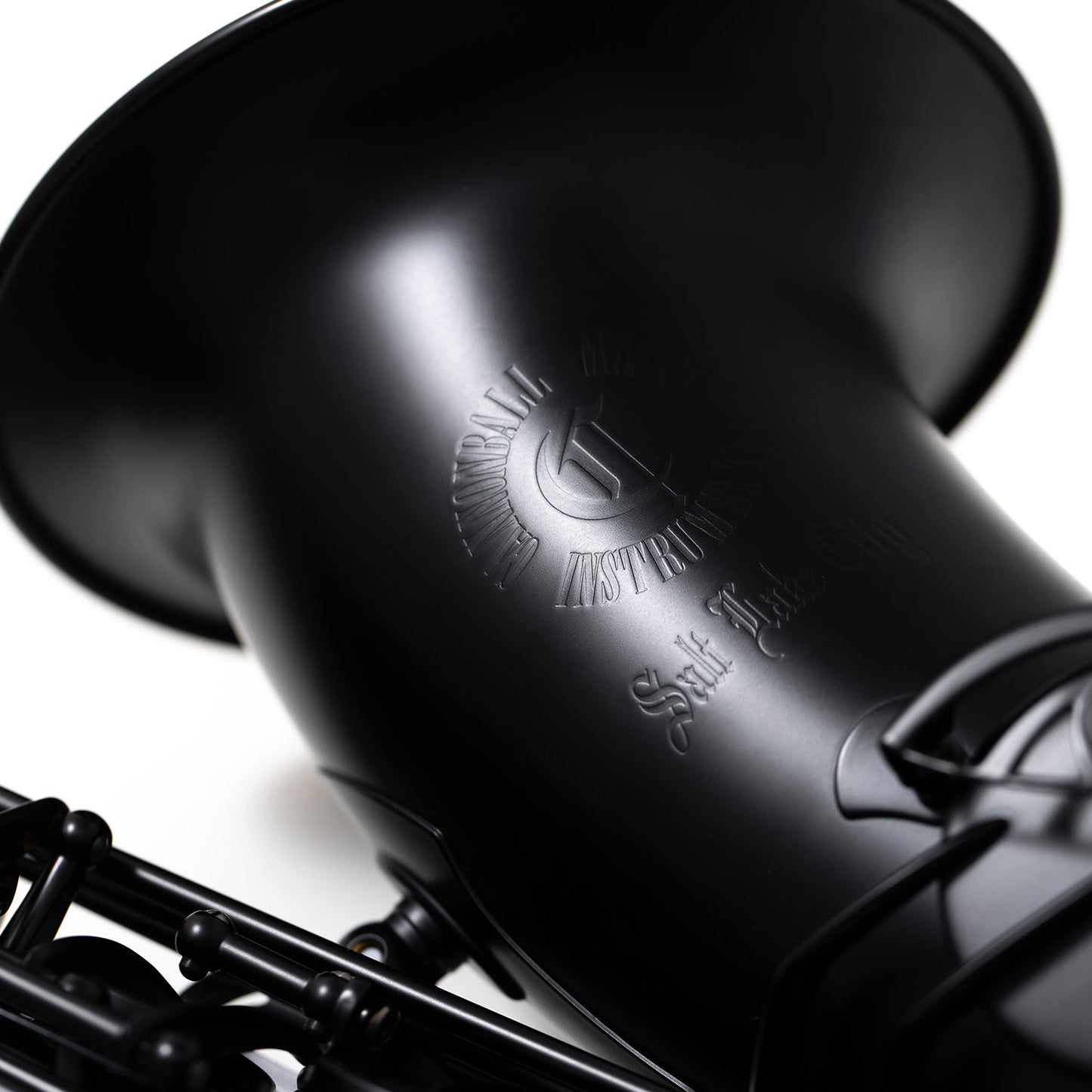 Cannonball A5-M alto saxophone – matte black bell and body finish detail